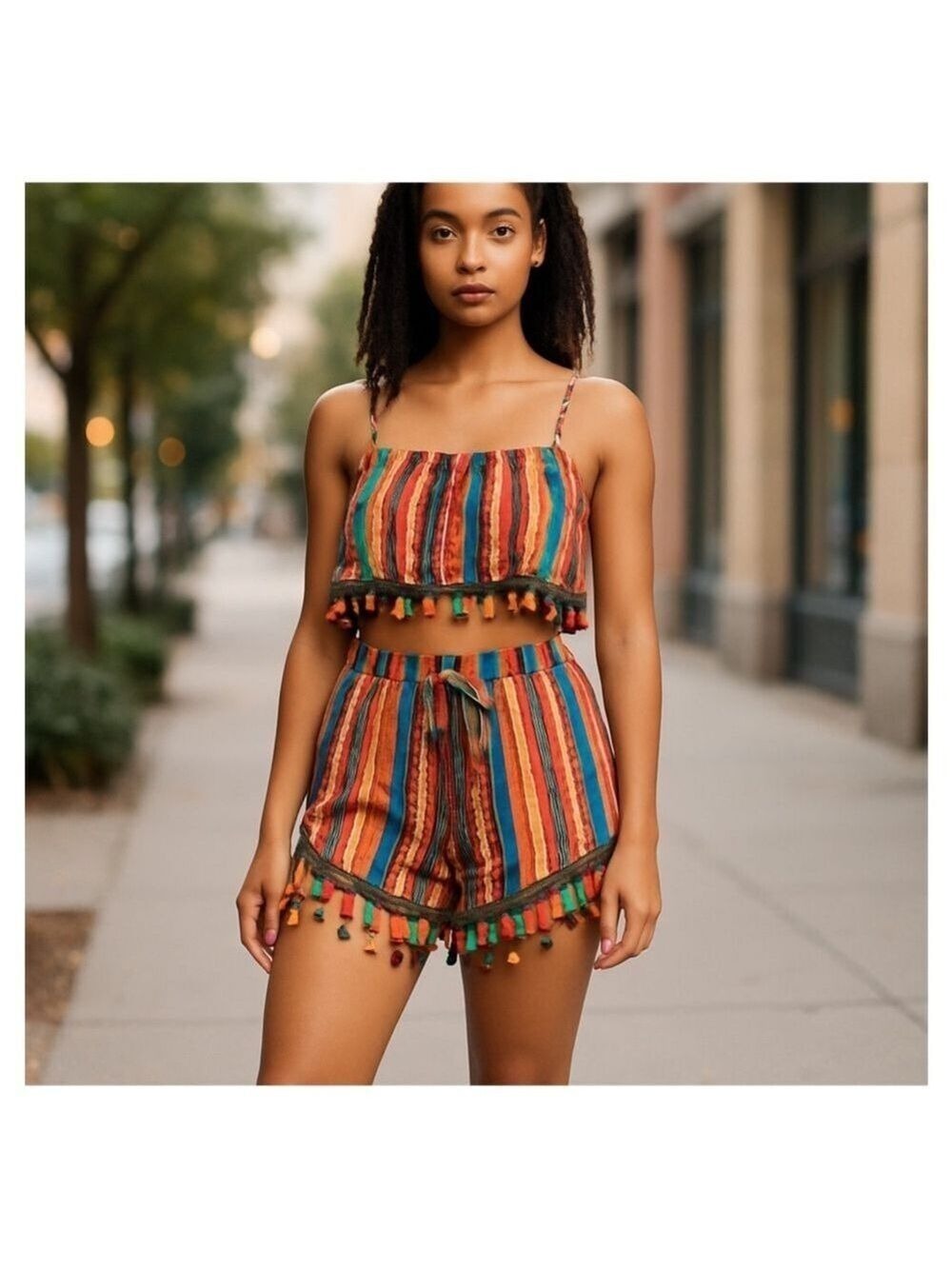 SHEIN multicolored short set with Pom-Pom Details